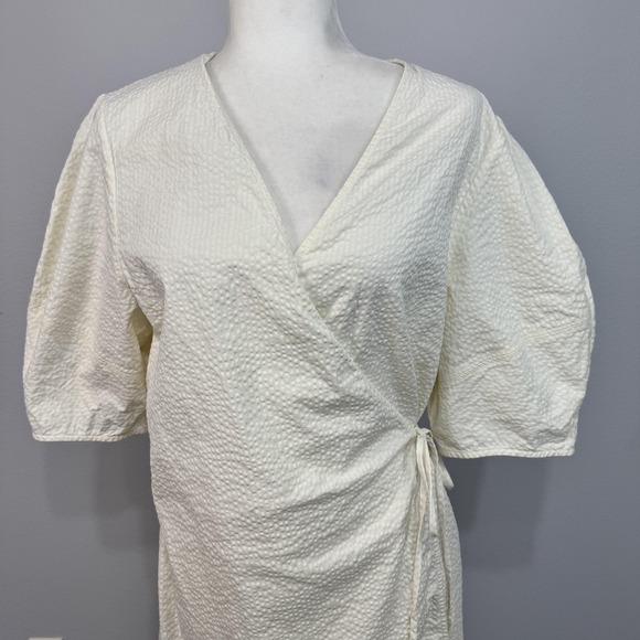 Everlane Dress Women's 10 Bone Seersucker Wrap V Neck Balloon Sleeve Mini - Picture 2 of 14